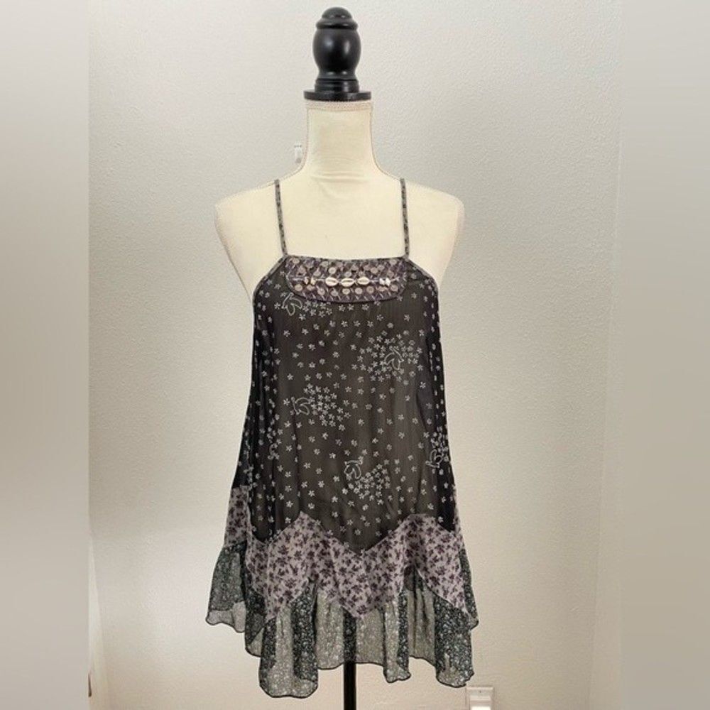 Free People Boho Flowy Beachy Sea Shell Ditsy Floral Babydoll Sheer Tunic Top - Picture 2 of 12